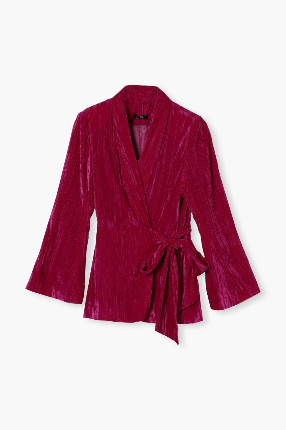 Crinkle Velvet Wrap Front Tailored Blazer